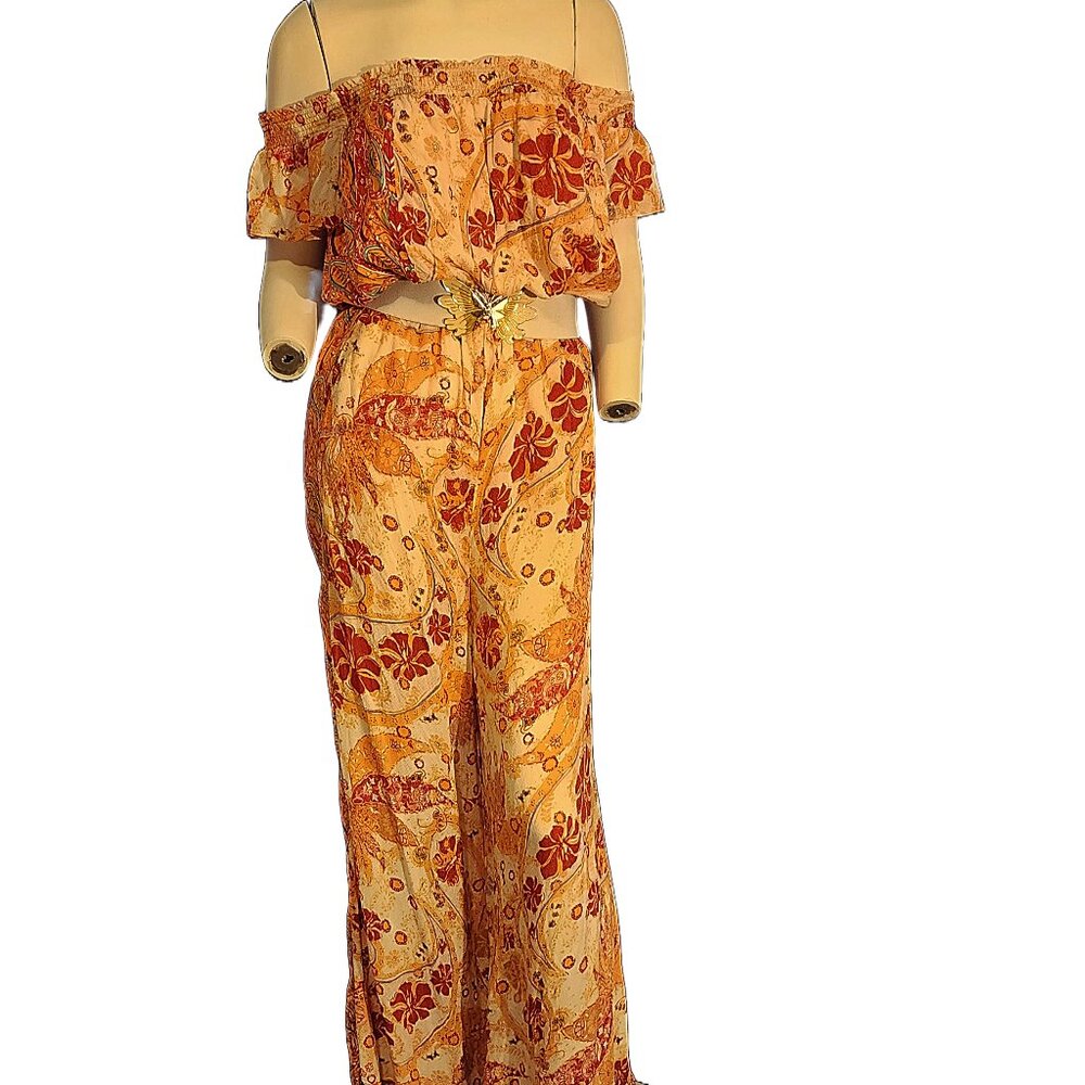 Free People "Carmen" Wide Leg Off-Shoulder Jumpsuit! Red, Orange & Cream No Belt